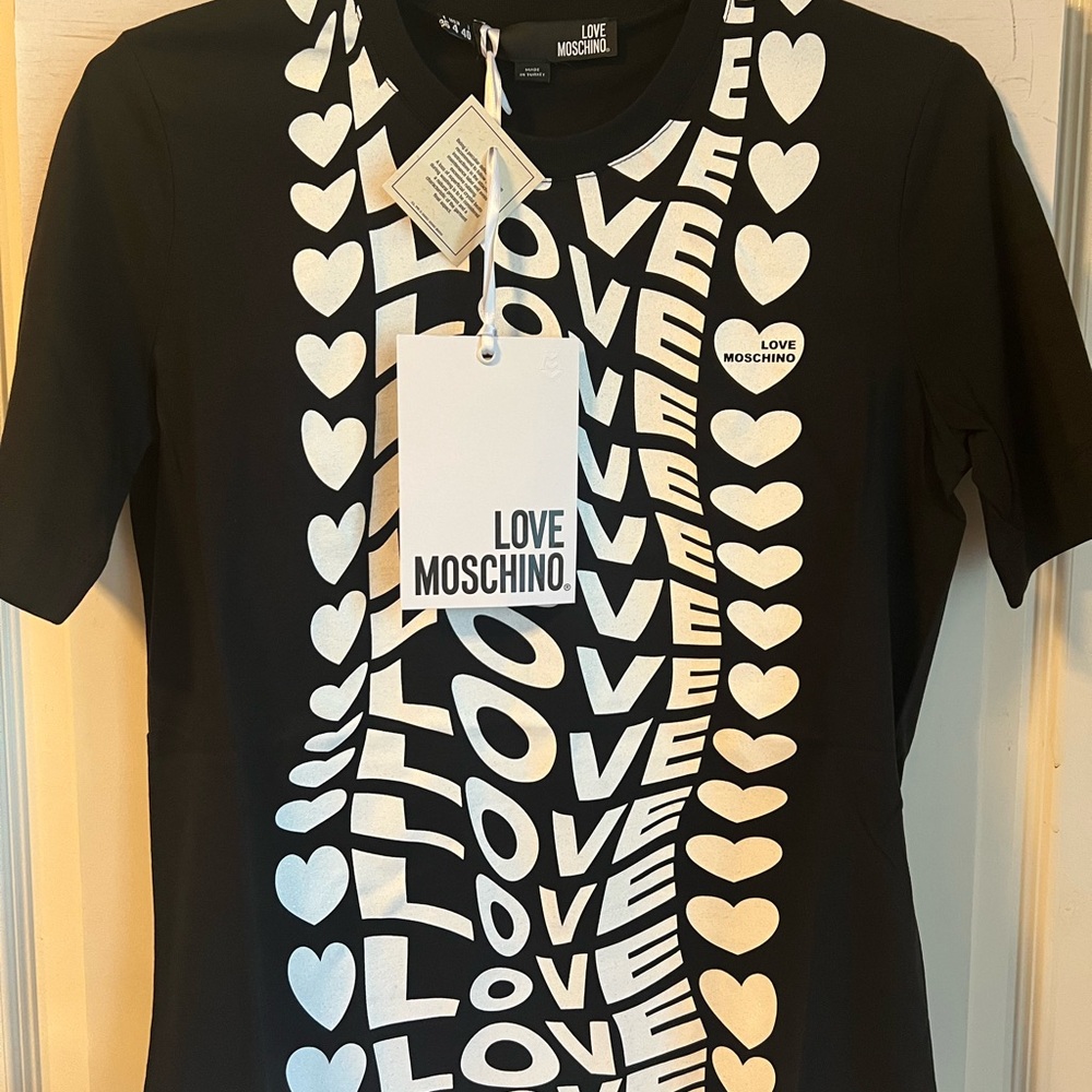 LOVE MOSCHINO Printed Hearts Tshirt 40 IT 4-6 NWT Black/White Short Sleeve Shirt - Picture 5 of 11